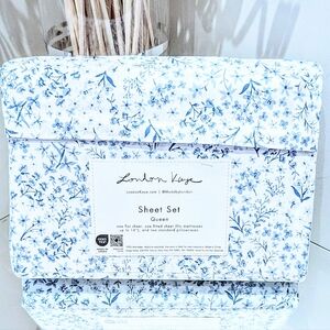 New London Kaye Blue Floral Print QUEEN SIZE SHEET SET